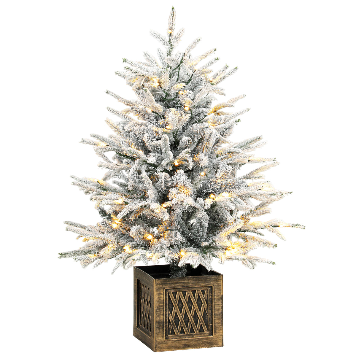 HOMCOM 90 Cm Prelit Flocked Table Christmas Tree, Base Stand, Green White