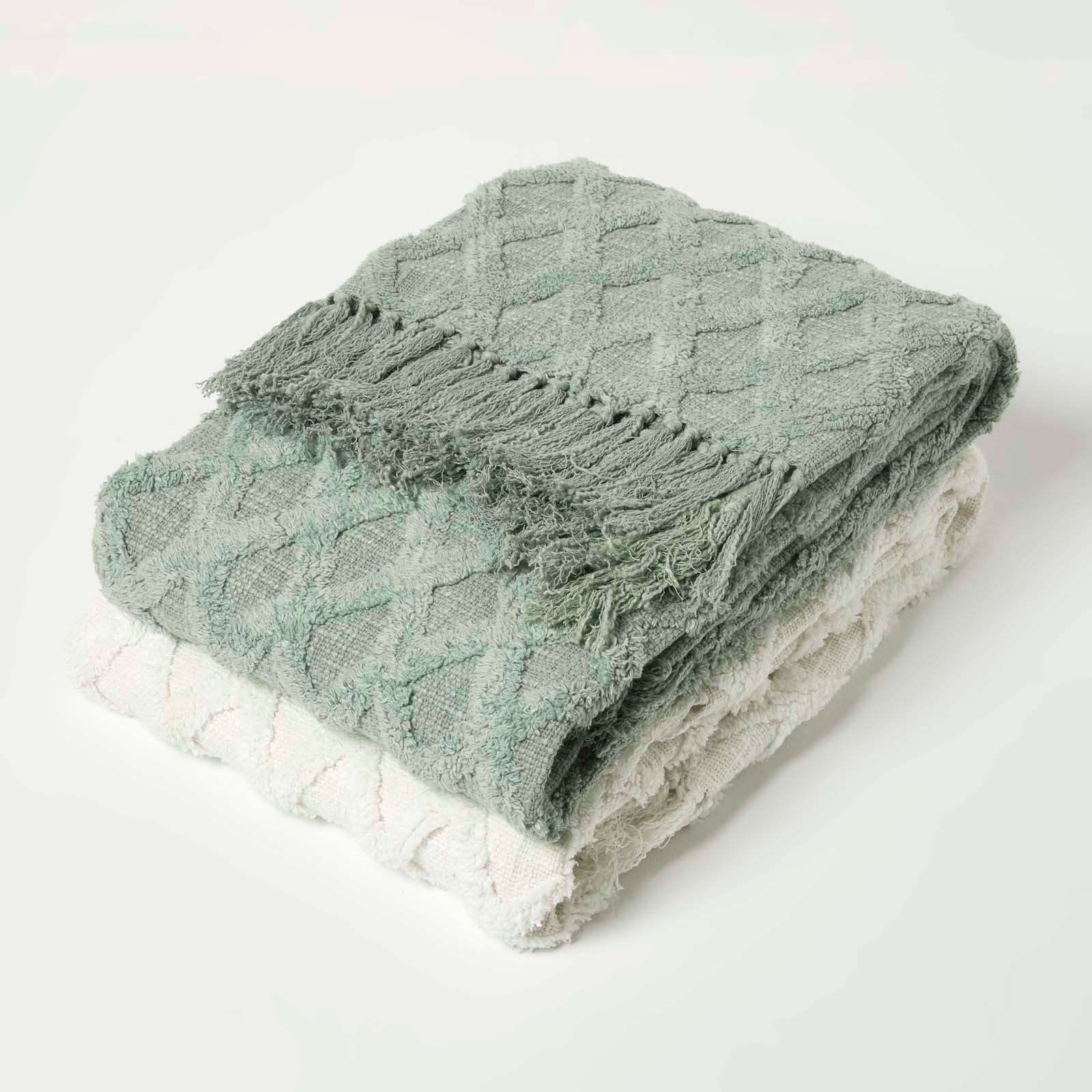 Diamond Textured Pattern Cotton Tufted Throw | 125cm x 150cm | White