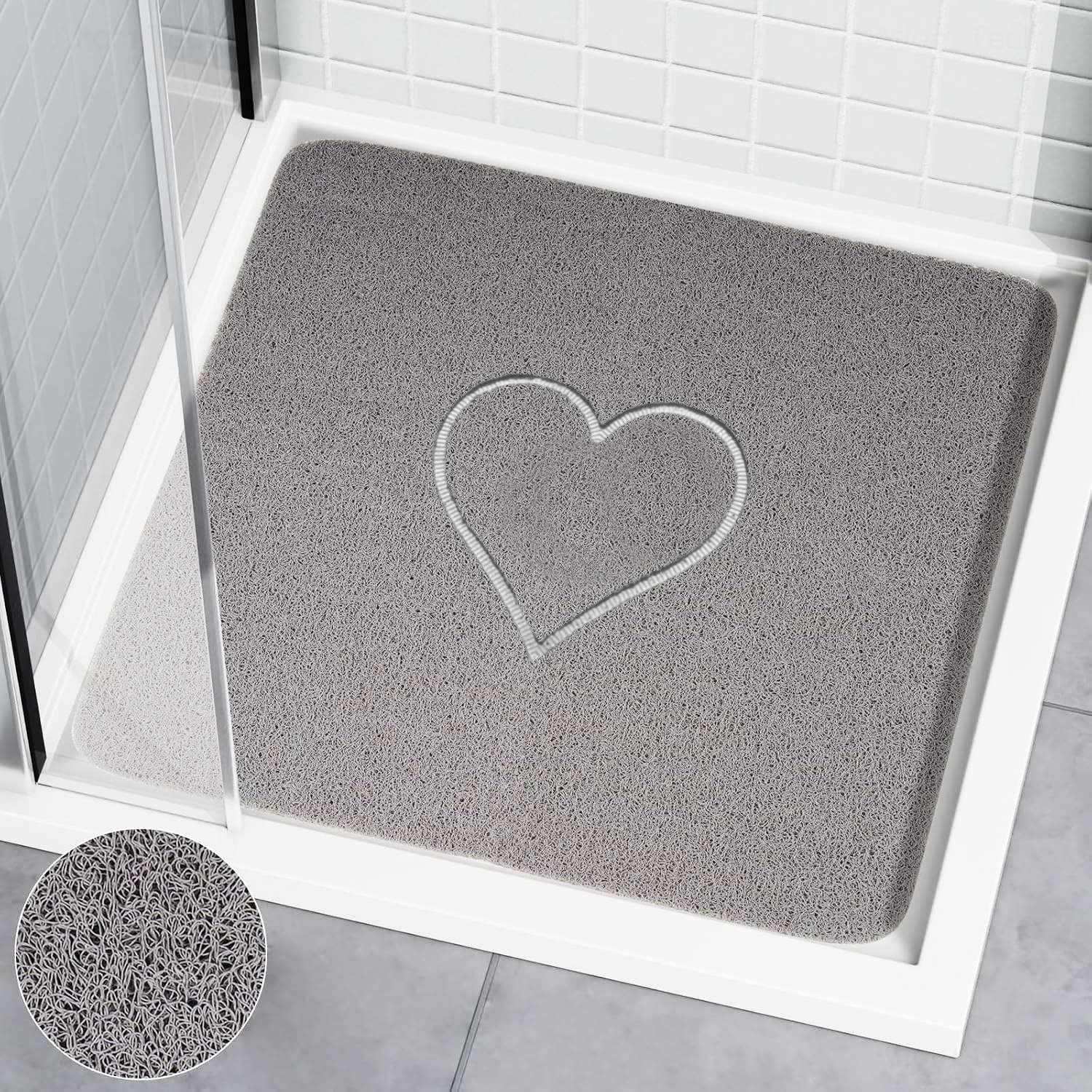 Spaghetti Anti Slip Square Shower/bath Mat - Heart Embossed | 60cm x 60cm | Grey