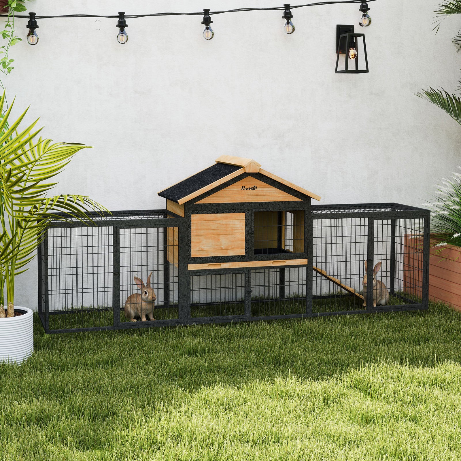 Wooden Rabbit Hutch Outdoor, Guinea Pig Hutch With Steel Run, Removable Tray