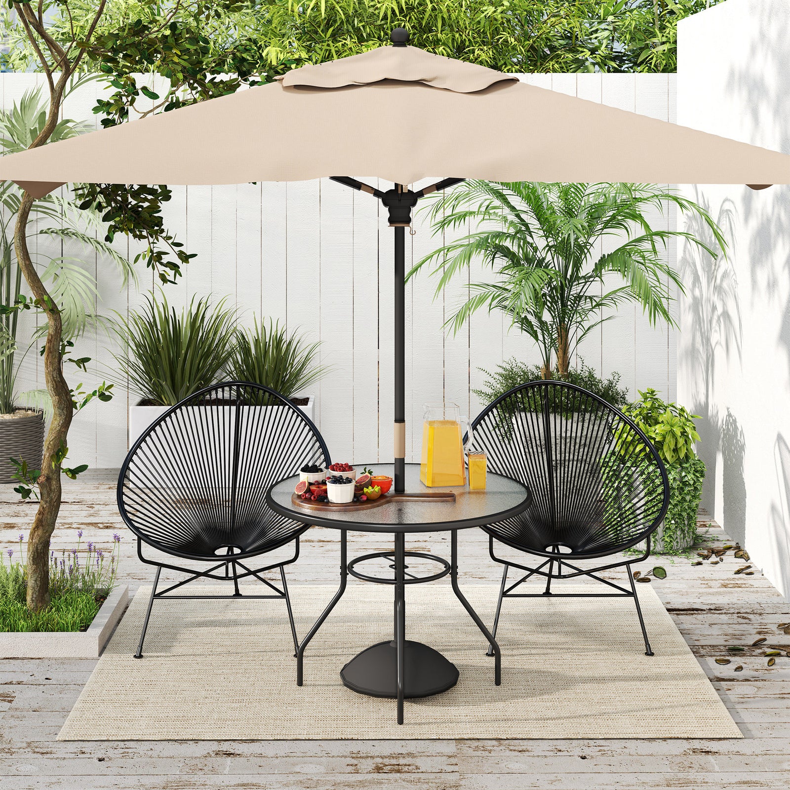 Outdoor Round Dining Table Tempered Glass Top W/parasol Hole
