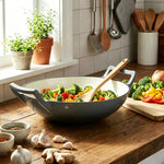 30cm Diameter Diameter Enamelled Cast Iron Stir-fry Pan Wok With Side Handles | Green