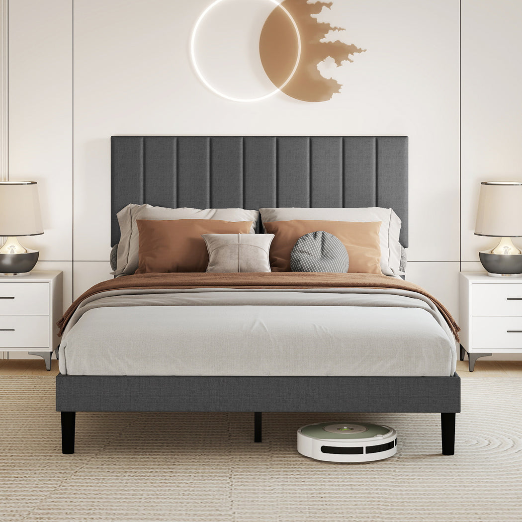 Upholstered Linen Bed Frame With Foam Headboard | King | Dark Grey