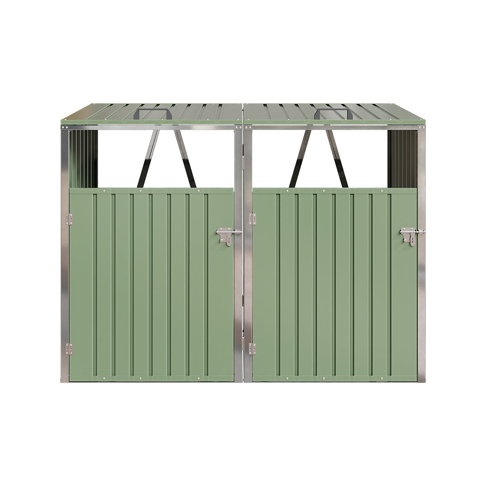 2 Bin Storage Shed – Heavy-duty Galvanized Steel Outdoor Bin Store With Lift-up Lids & Lockable Doors | Light Green