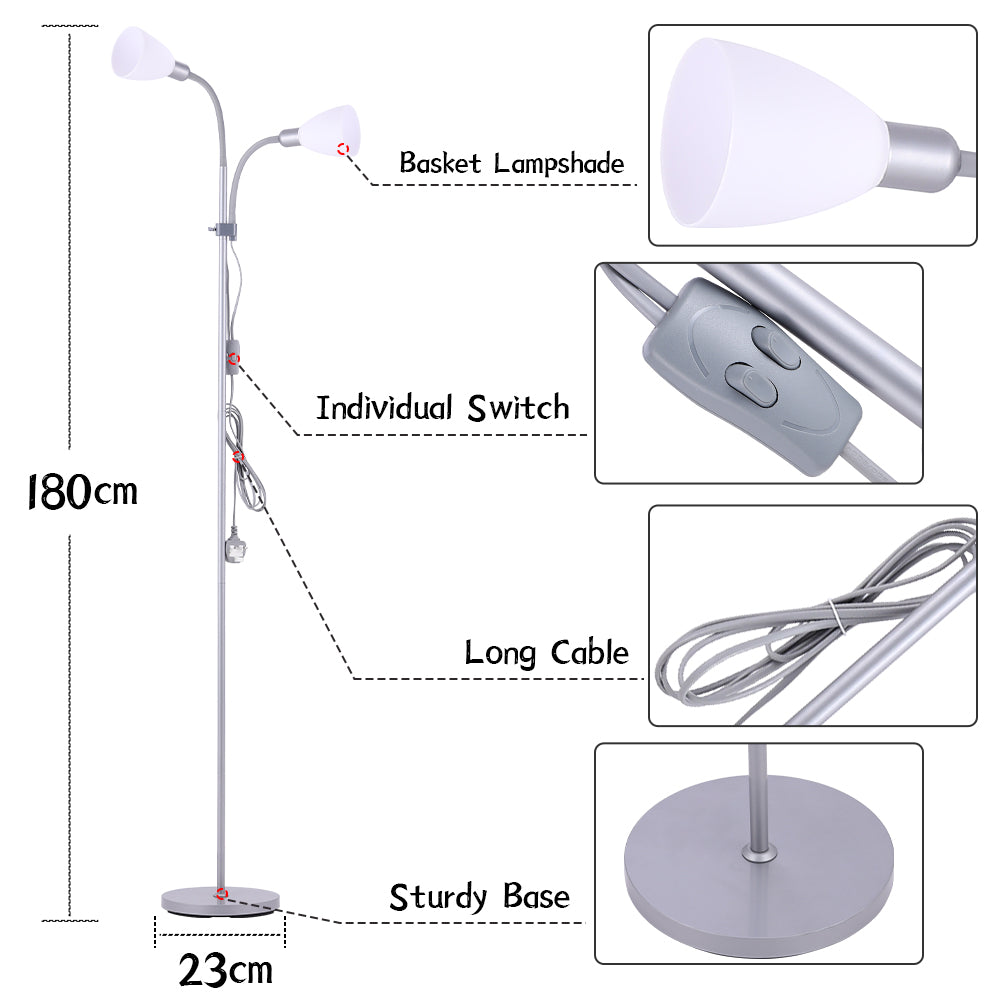 Modern Floor Lamp With Adjustable Double Heads, Metal Stand & In-line Switch | Silver Grey
