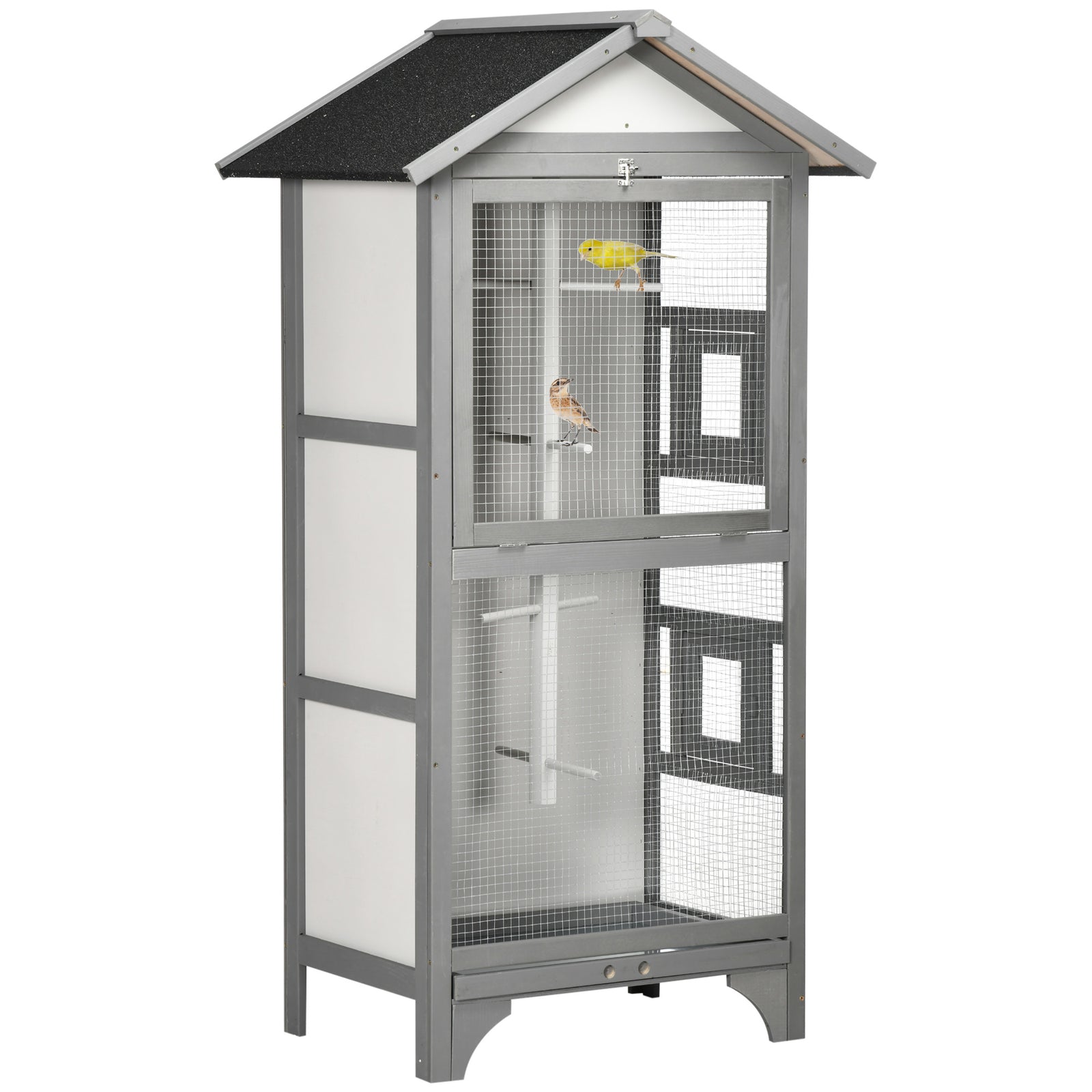 Wooden Bird Aviary, Outdoor Bird Cage For Finch, Canary W/ Tray - Grey