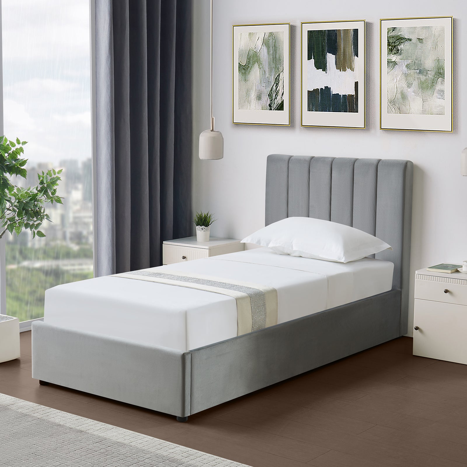 Corwin Grey Velvet Ottoman Storage Bed Frame - 4 Sizes Available | Single