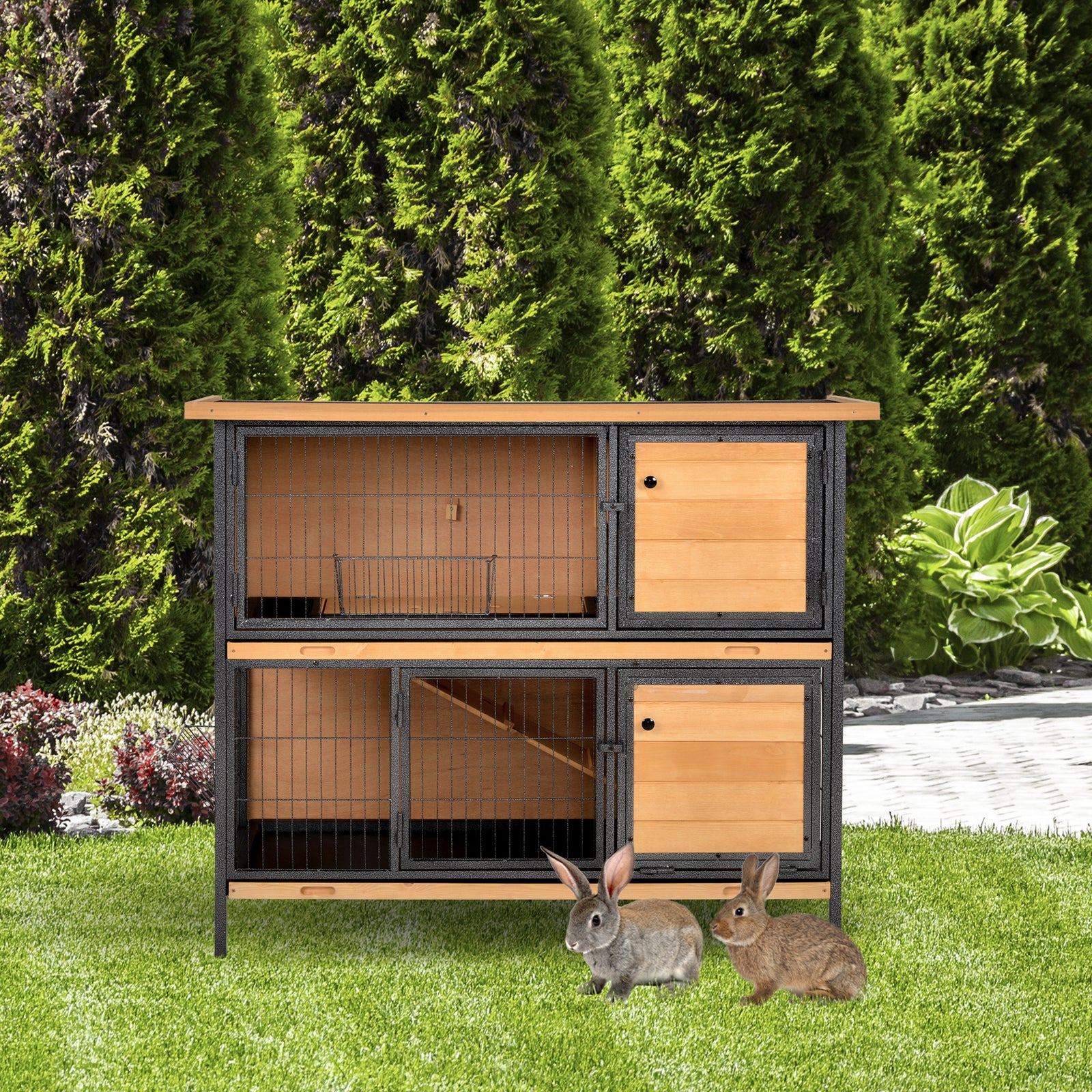 2-story Wooden Metal Rabbit Hutch Bunny Cage W/ Ramp Feeding Trough