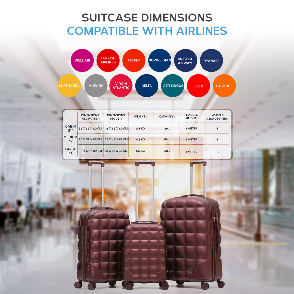 Set Of 3 Hard Case Bubble Design Check-in Size Suitcases Hold Luggage - Overhead Cabin Bag With Medium & Large Check-in 20kg+ Hold Suitcase | Set of 3 | Burgundy