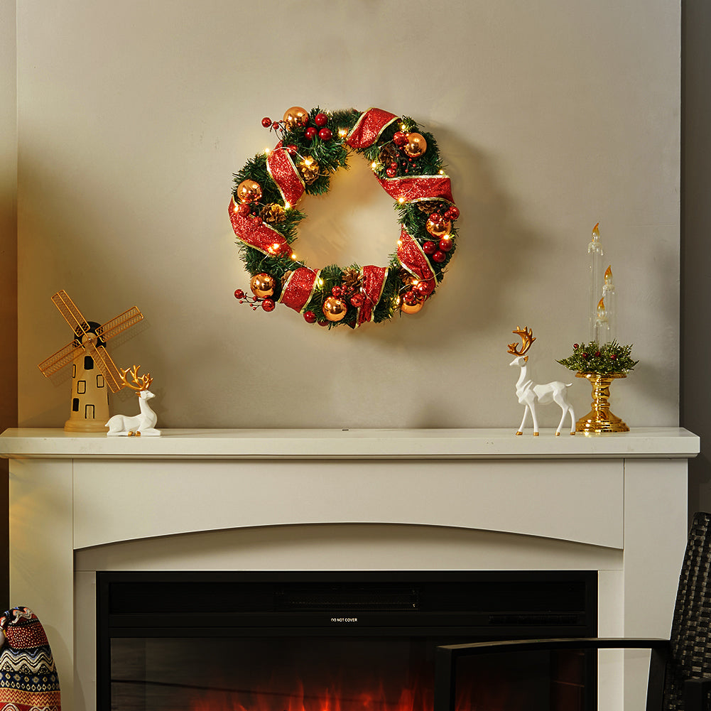 Red Ribbon Lighted Wreath Hanging Xmas Decor