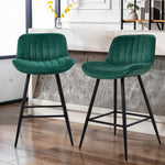 Set Of 2 Modern Flannel Bar Stools With Backrest – Soft Padded Seat, Metal Legs | Dark Green