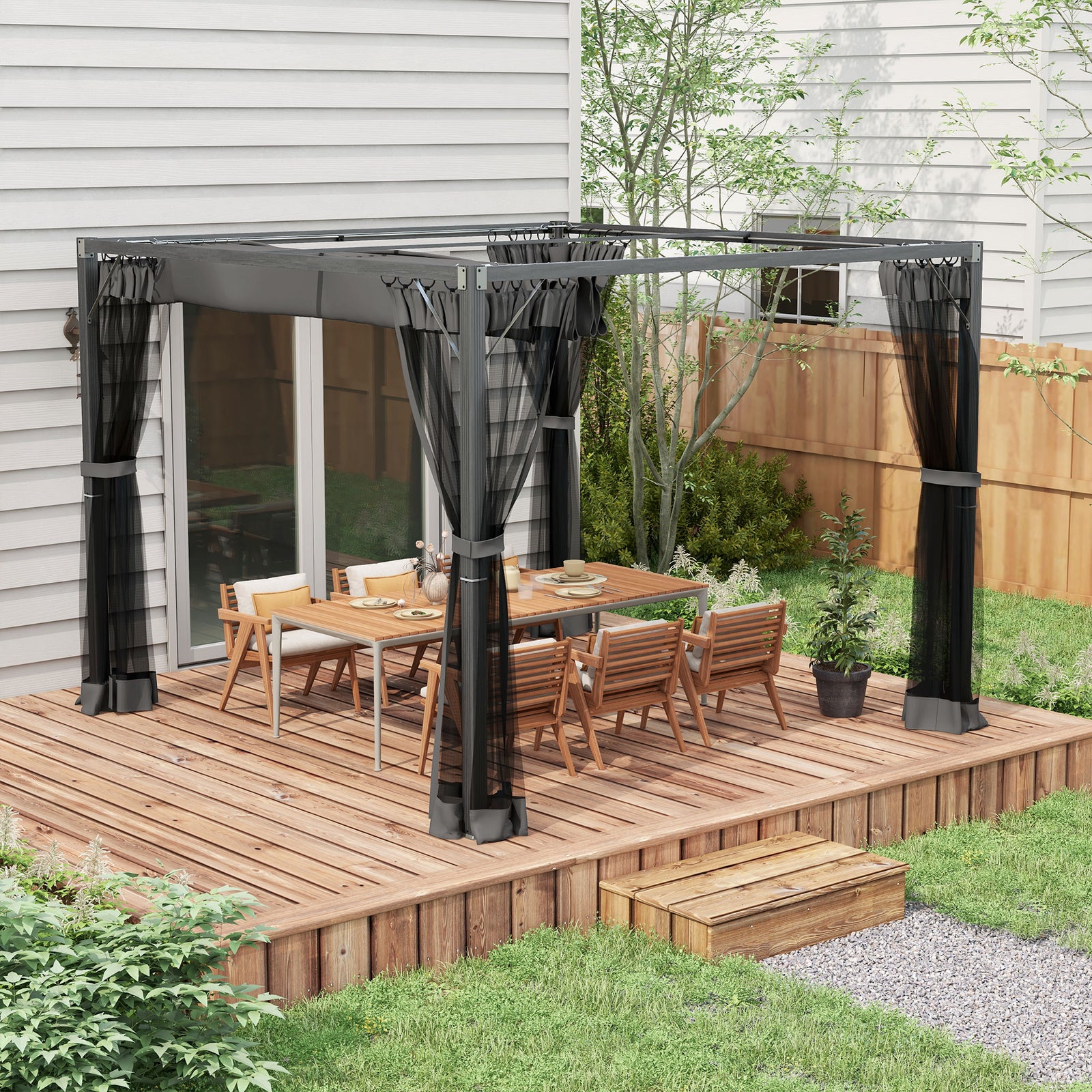 Retractable Pergola Canopy With Netting, Metal Frame | Medium | Dark Gray