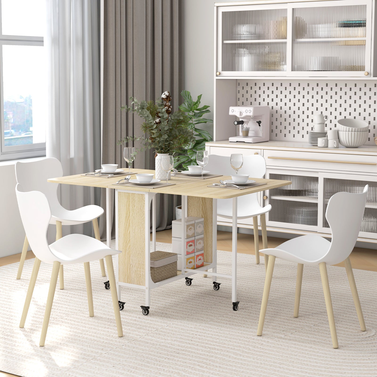 Mobile Drop Leaf Dining Table On Wheels With Storage Shelf | Natura
