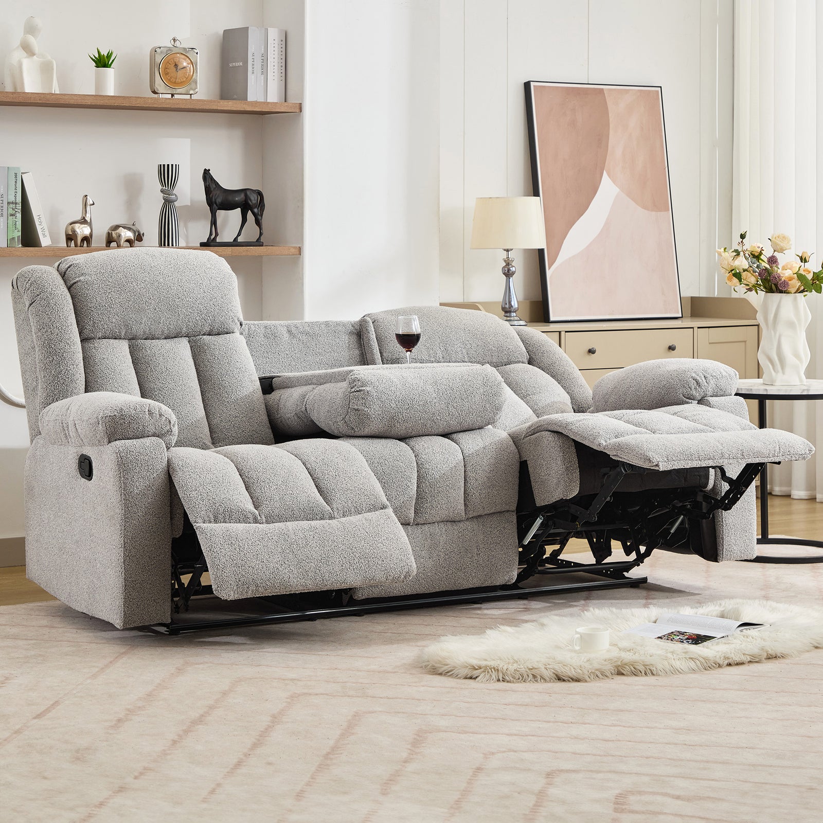 Lovell 3 Seat Manual Recliner Sofa With Central Console | Light Grey