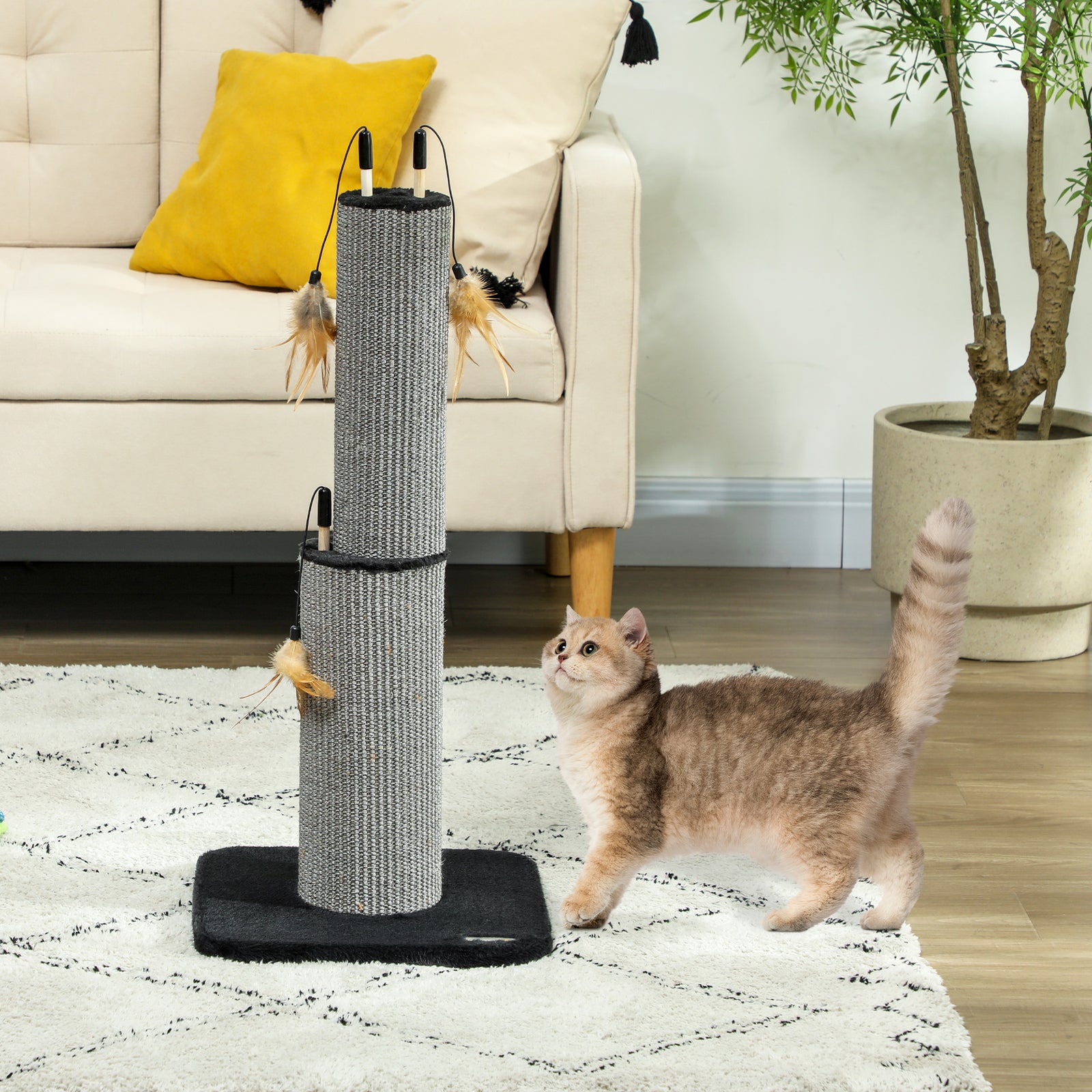 78cm Tall Cat Scratching Post With 3 Toy Feathers | Black