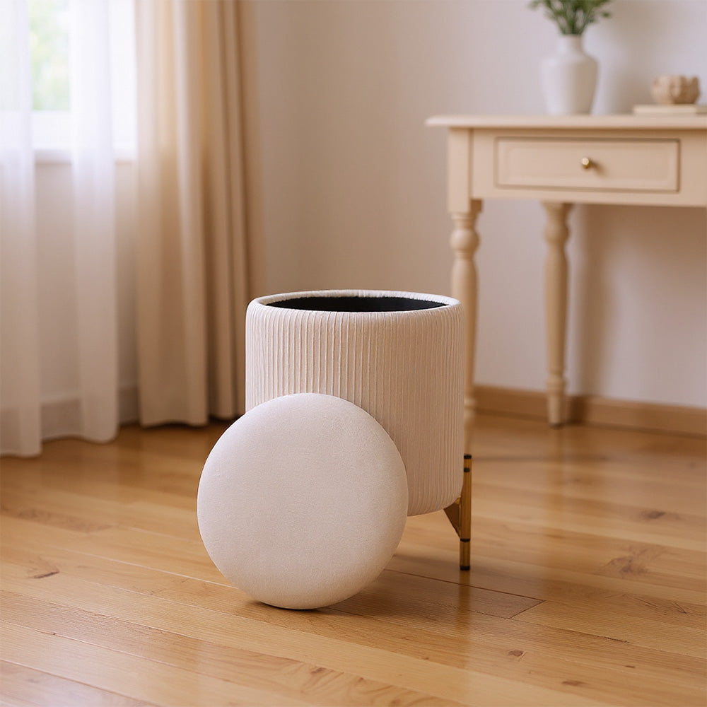 Modern Round Pleated Storage Ottoman With Metal Legs 33cm Dia X 46cm H | Beige