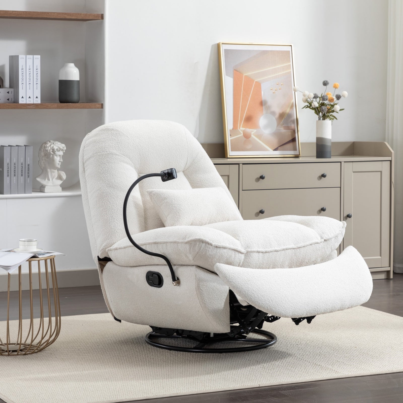 Fallon Boucle Fabric Swivel Based Recliner Chair Phone Holder | Cream