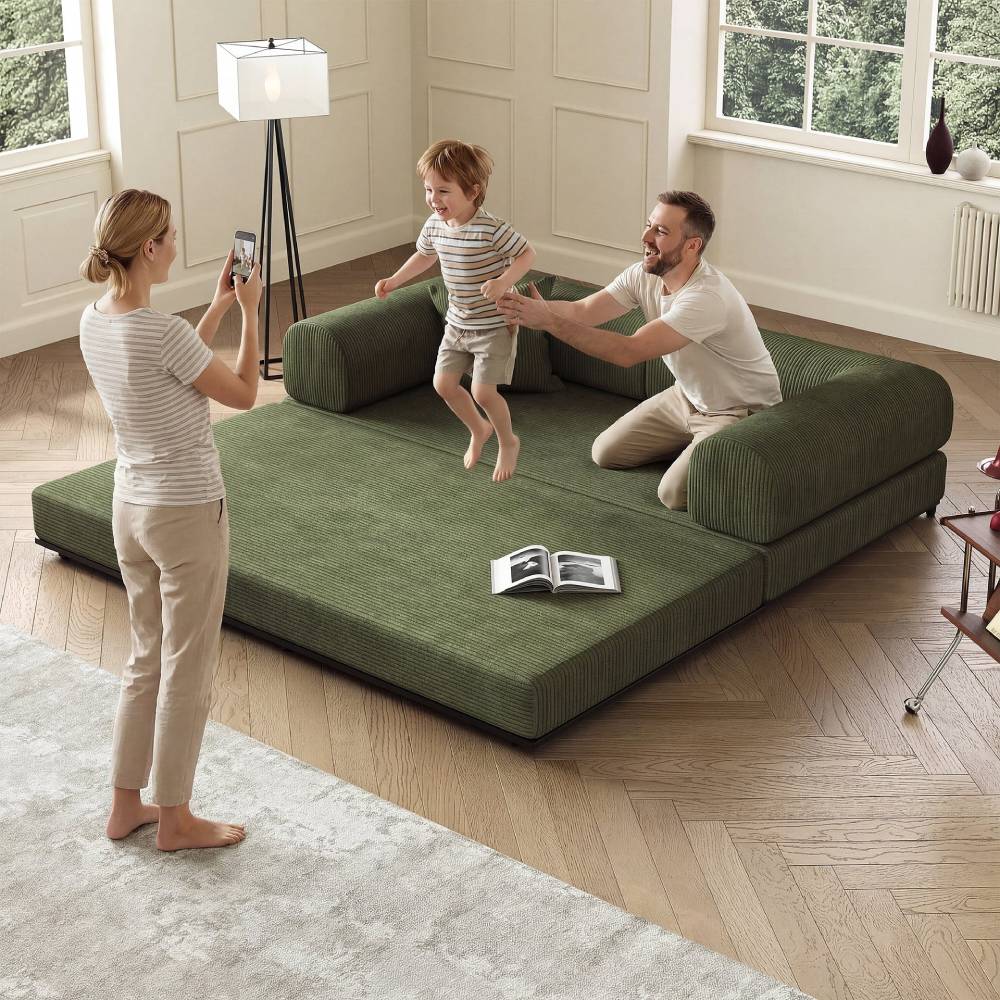 Corduroy Sofa Bed With Sliding Frame | High-resilience Foam Convertible Sleeper Sofa | Small | Green