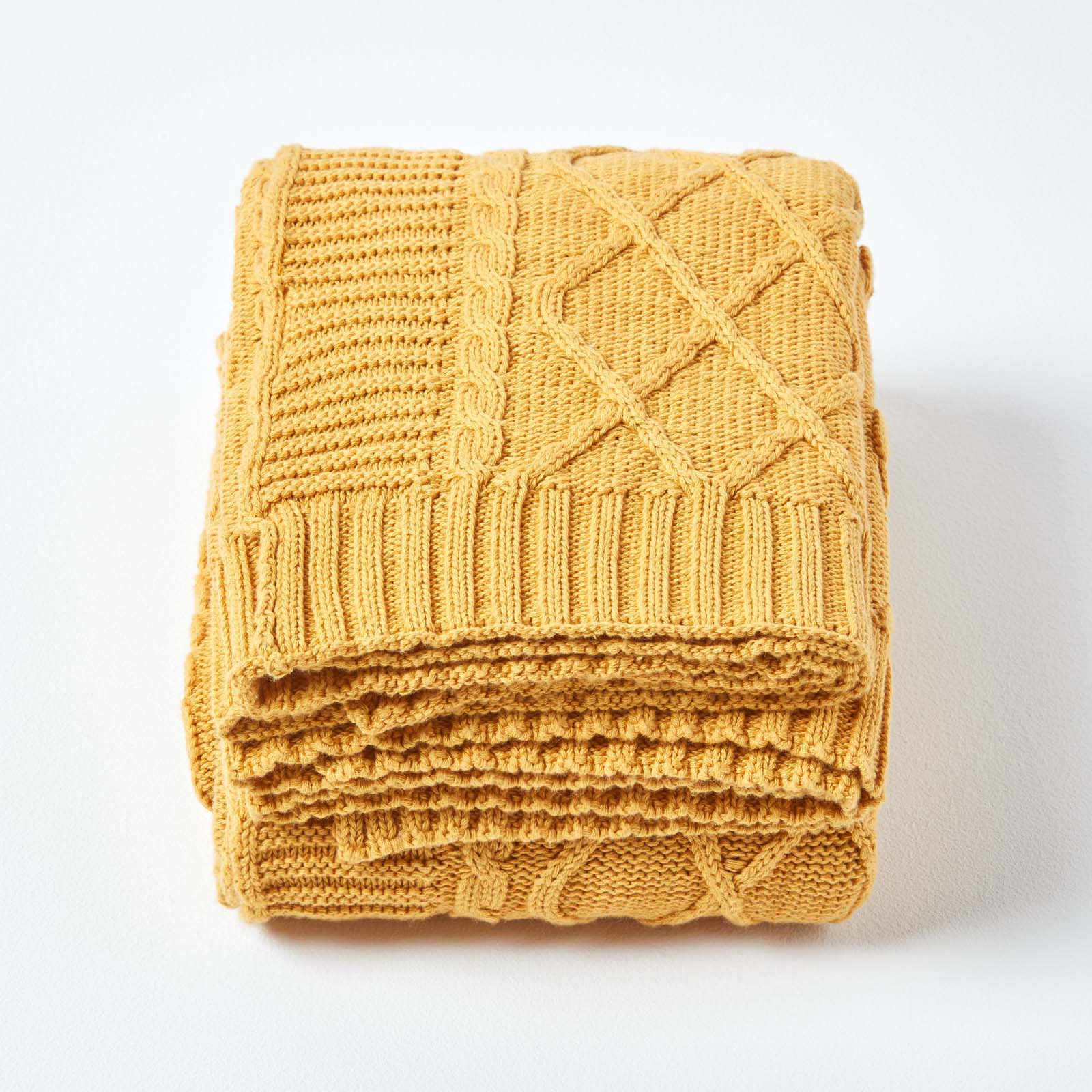 Cable Knit Diamond Pattern Cotton Throw | 150cm x 200cm | Mustard