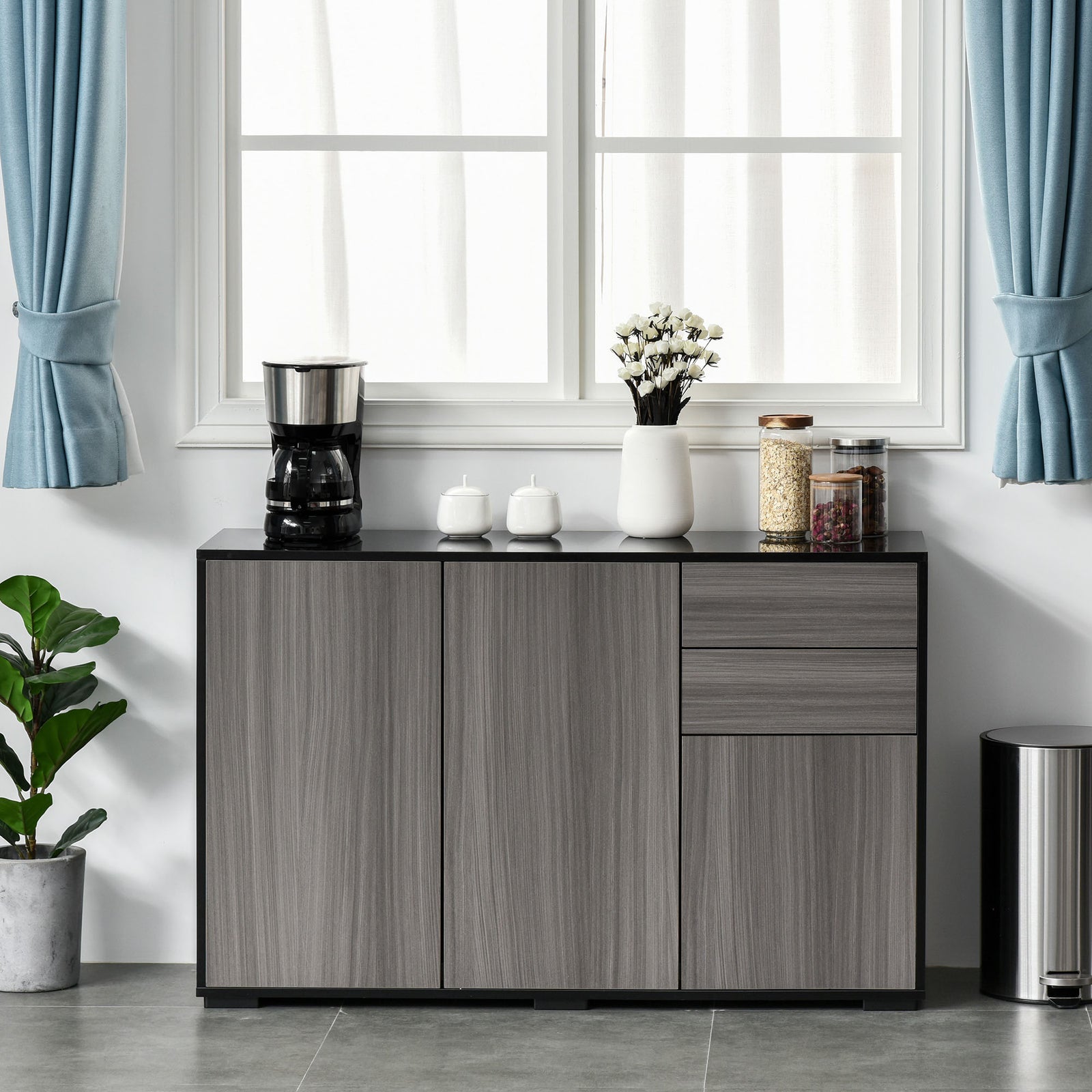 Side Cabinet With 2 Door Cabinet And 2 Drawer Home Office | One Size | Black & Grey