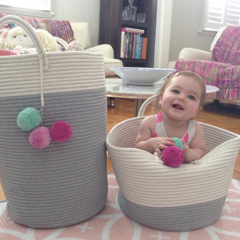 Woven Basket Baby Kids Toys Storage Clothes Hamper Laundry Basket | Grey