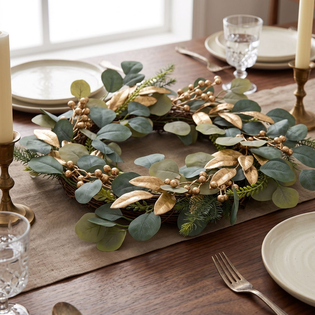 HOMESCAPES Green & Gold Eucalyptus Christmas Wreath, 56 Cm