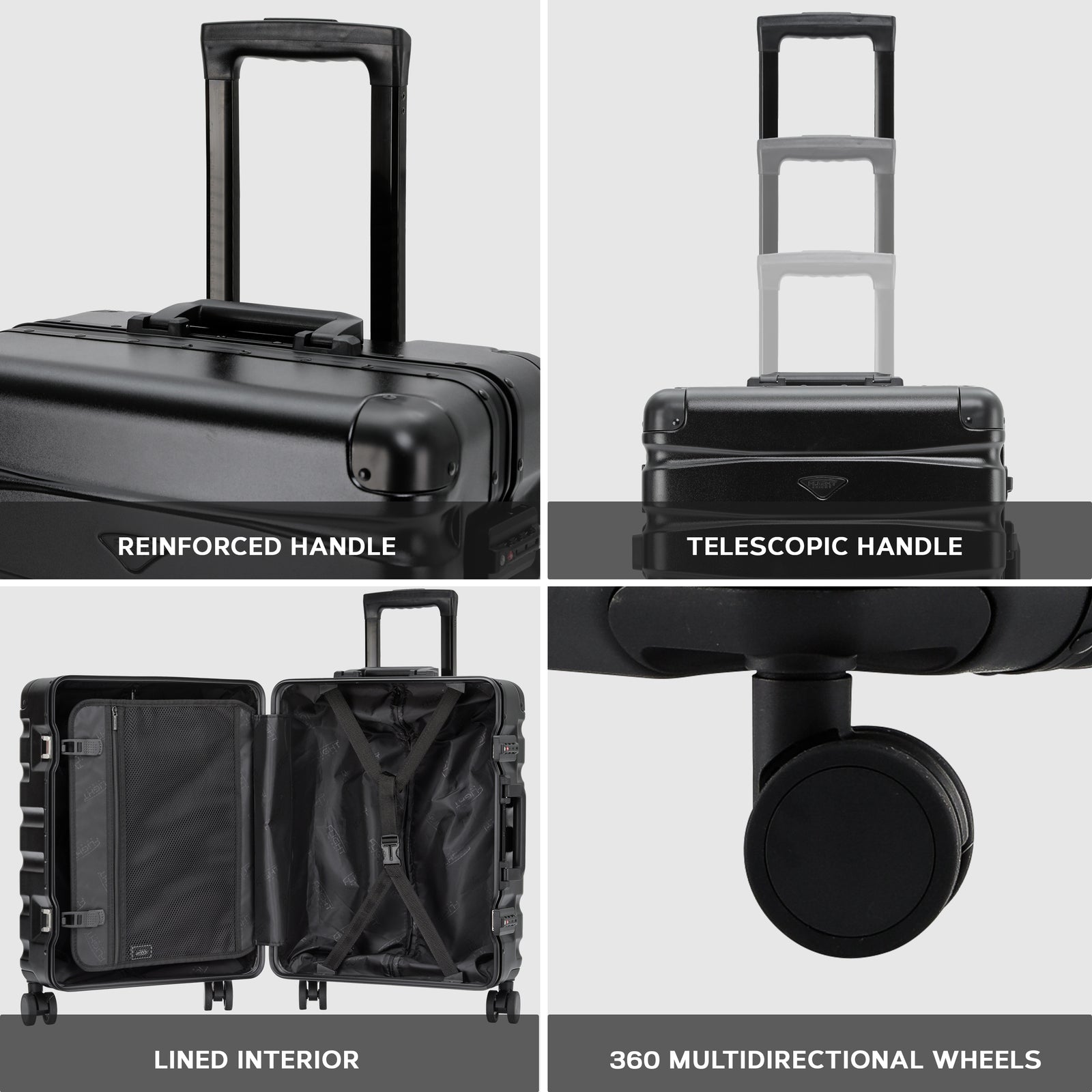 56x45x25cm Large Cabin Carry On Case - Overhead Luggage Suitcase - 4 Spinner Wheels - Aluminium Frame/abs Shell Outer | Cabin | Black
