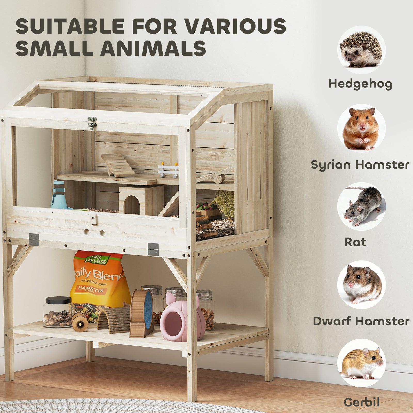 Wooden Hamster Cage, 2 Tier Hamster Habitat With Storage Shelf