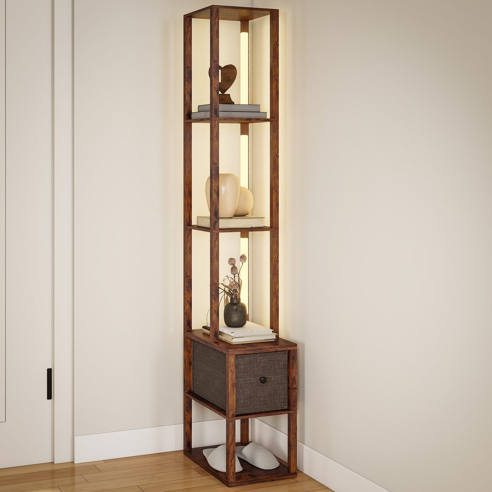 Floor Lamp With Shelves, Led Standing Lamp With Fabric Drawer | Brown