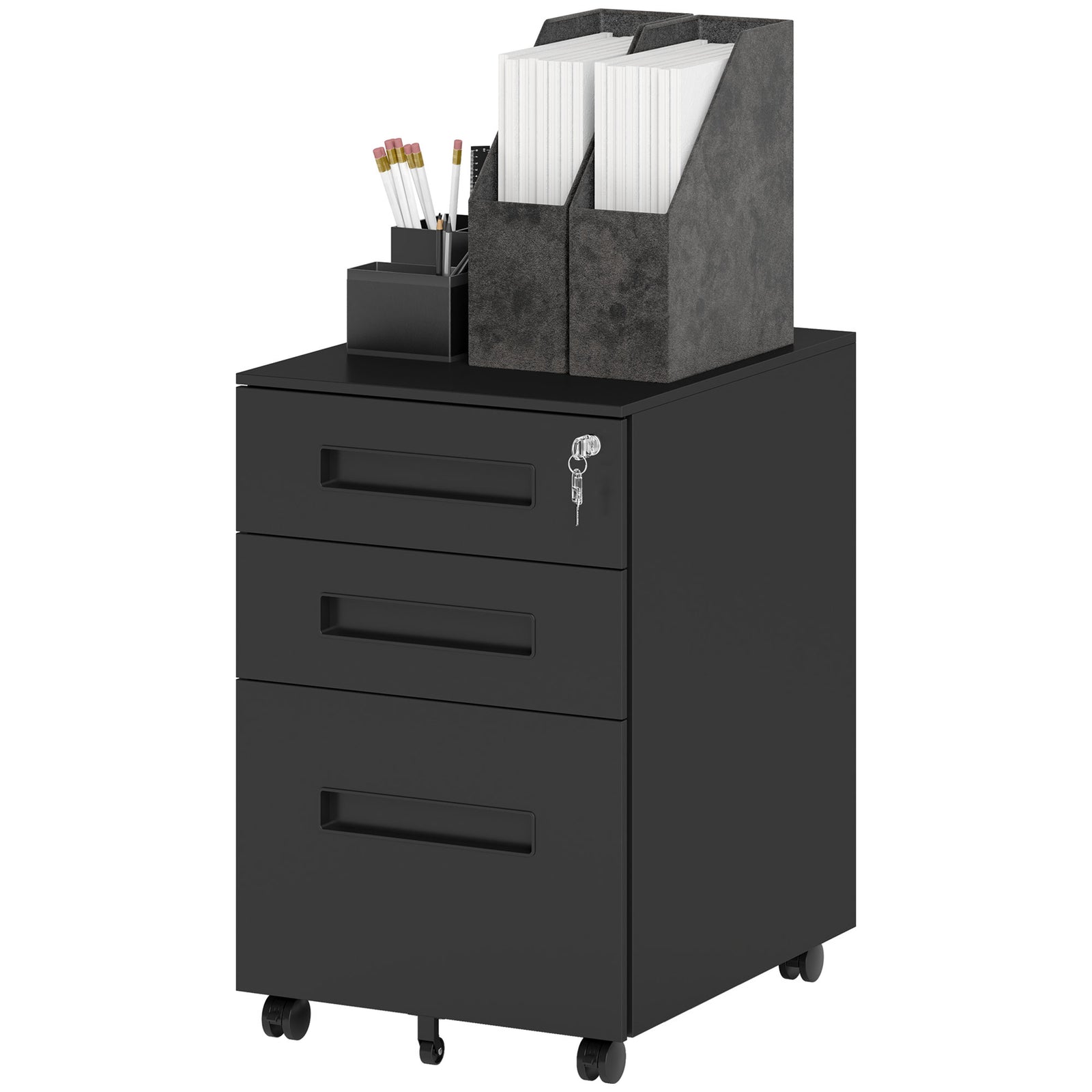 Lockable Mobile Filing Cabinet W/ 3 Drawers | Large | Black