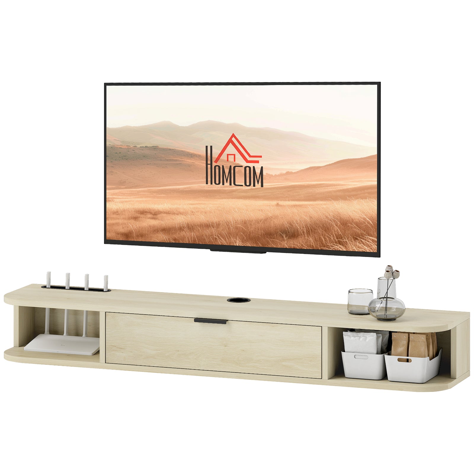 120 Cm Floating Tv Unit With Flip Drawer And Shelves | Natural