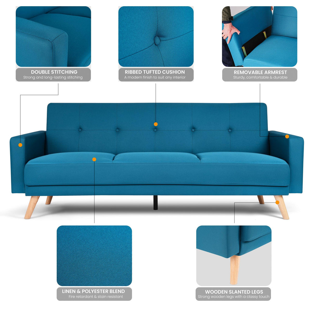 Click-clack Sofa Bed With Ribbed Tufting - 3 Seater | Blue