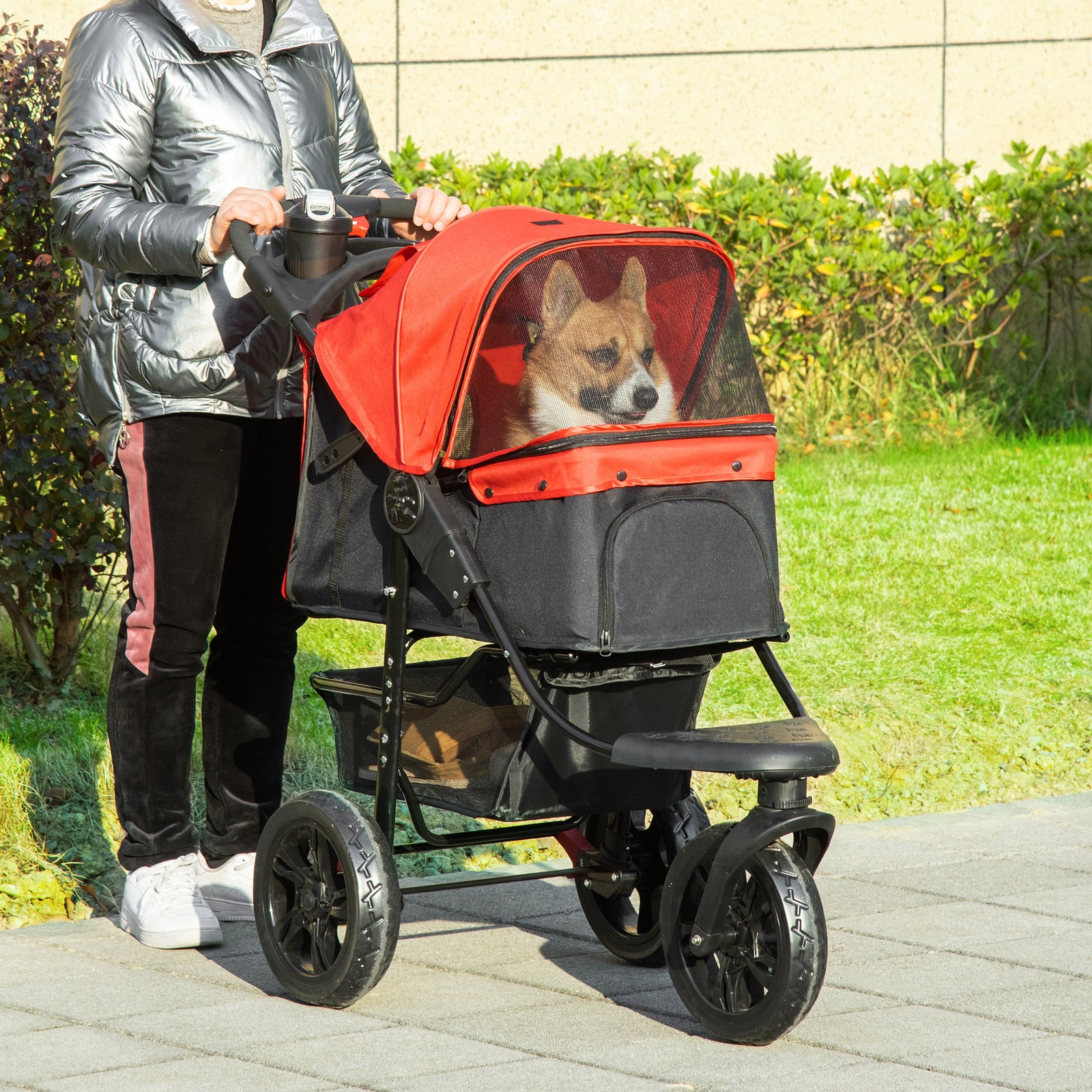 Folding 3 Wheel Pet Stroller Travel Adjustable Canopy Storage Brake | Red
