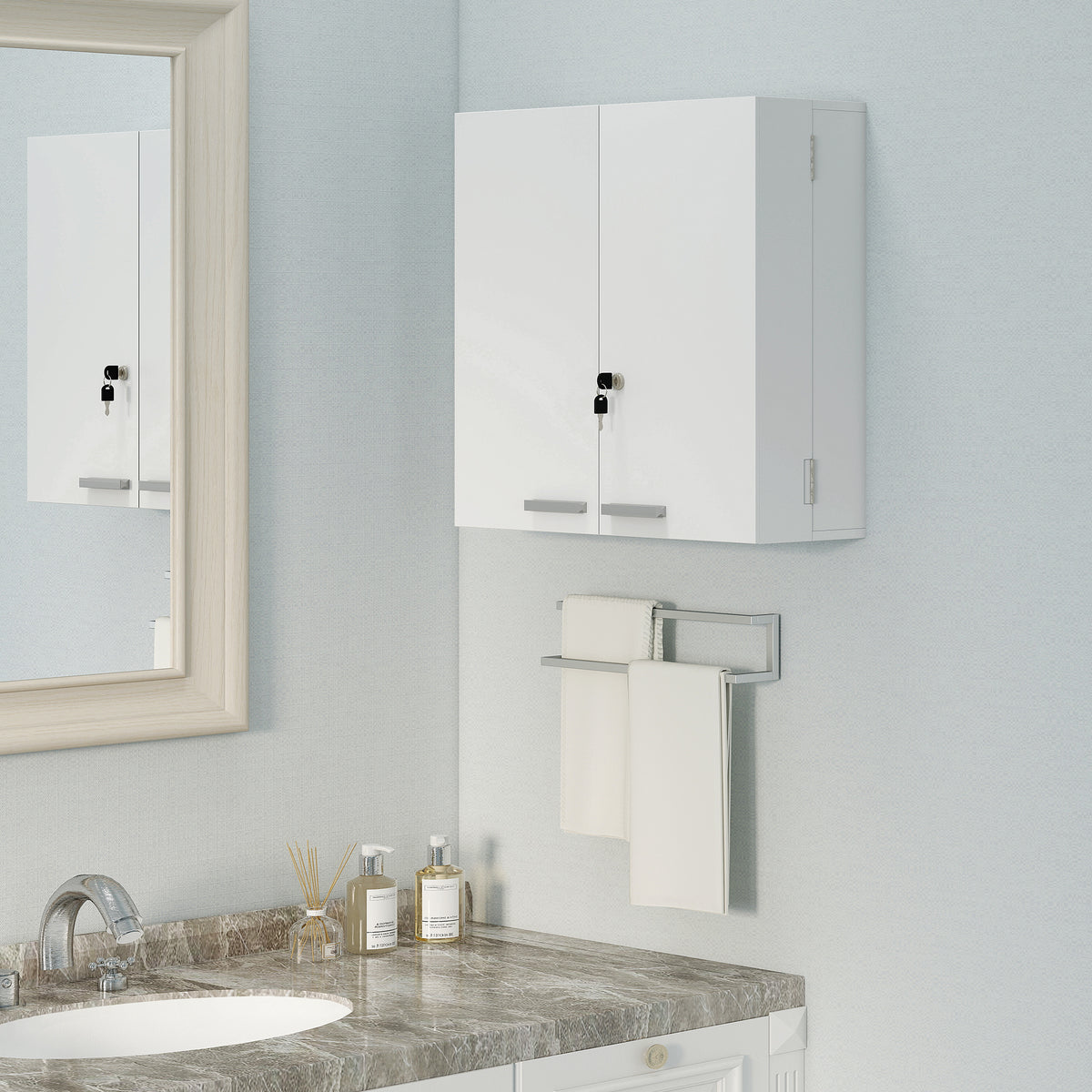 HOMCOM Wall Mount Medicine Cabinet With Key Lock And 2 Doors, White