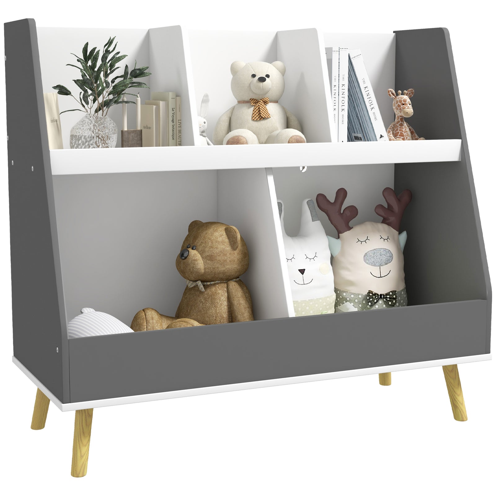 Kids Storage Shelf With 5 Compartments, Anti-tip Device, Grey