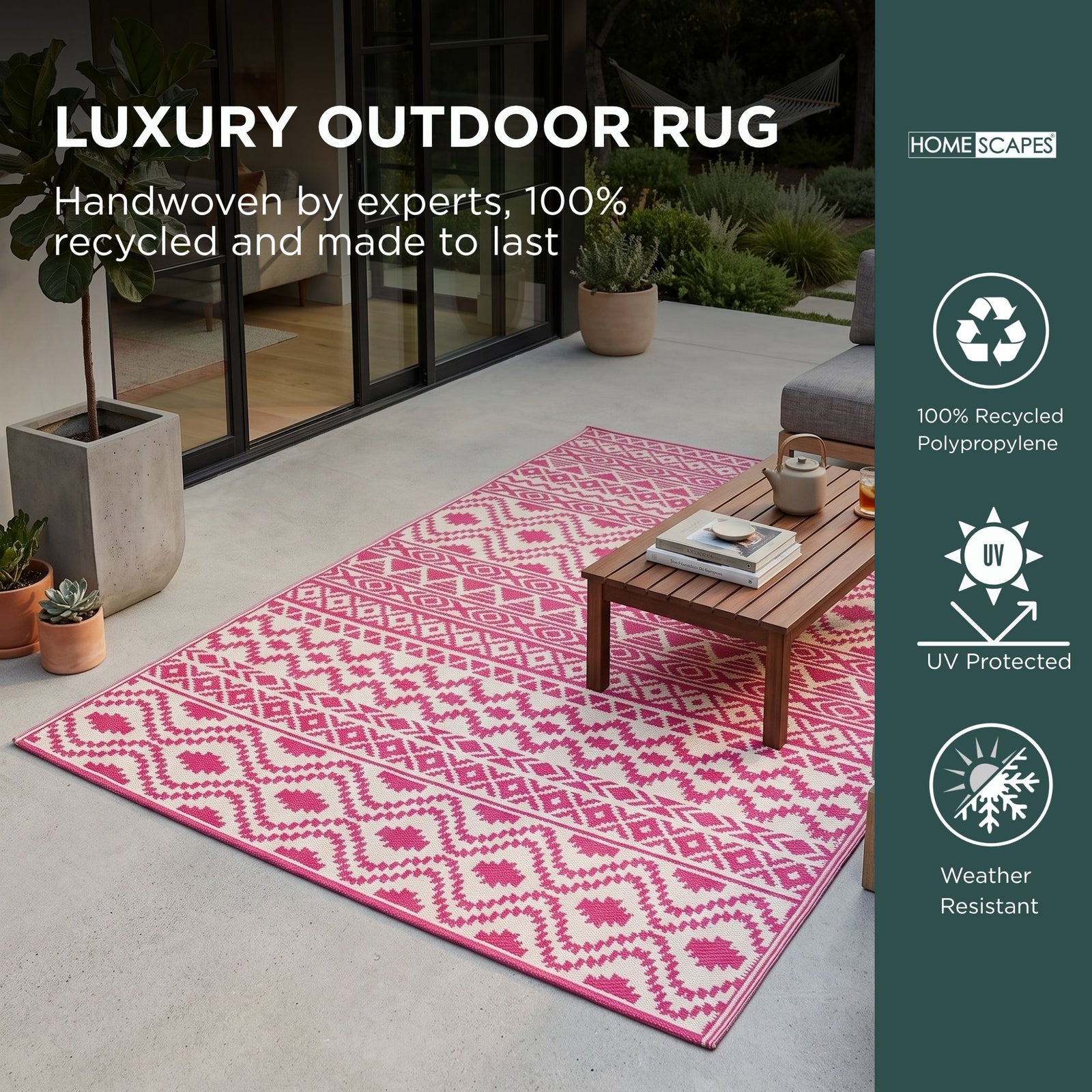 Luxury Outdoor Rug Waterproof Reversible For Garden Patio 100% Recycled, Pink Tia Aztec | 180cm x 270cm | Pink