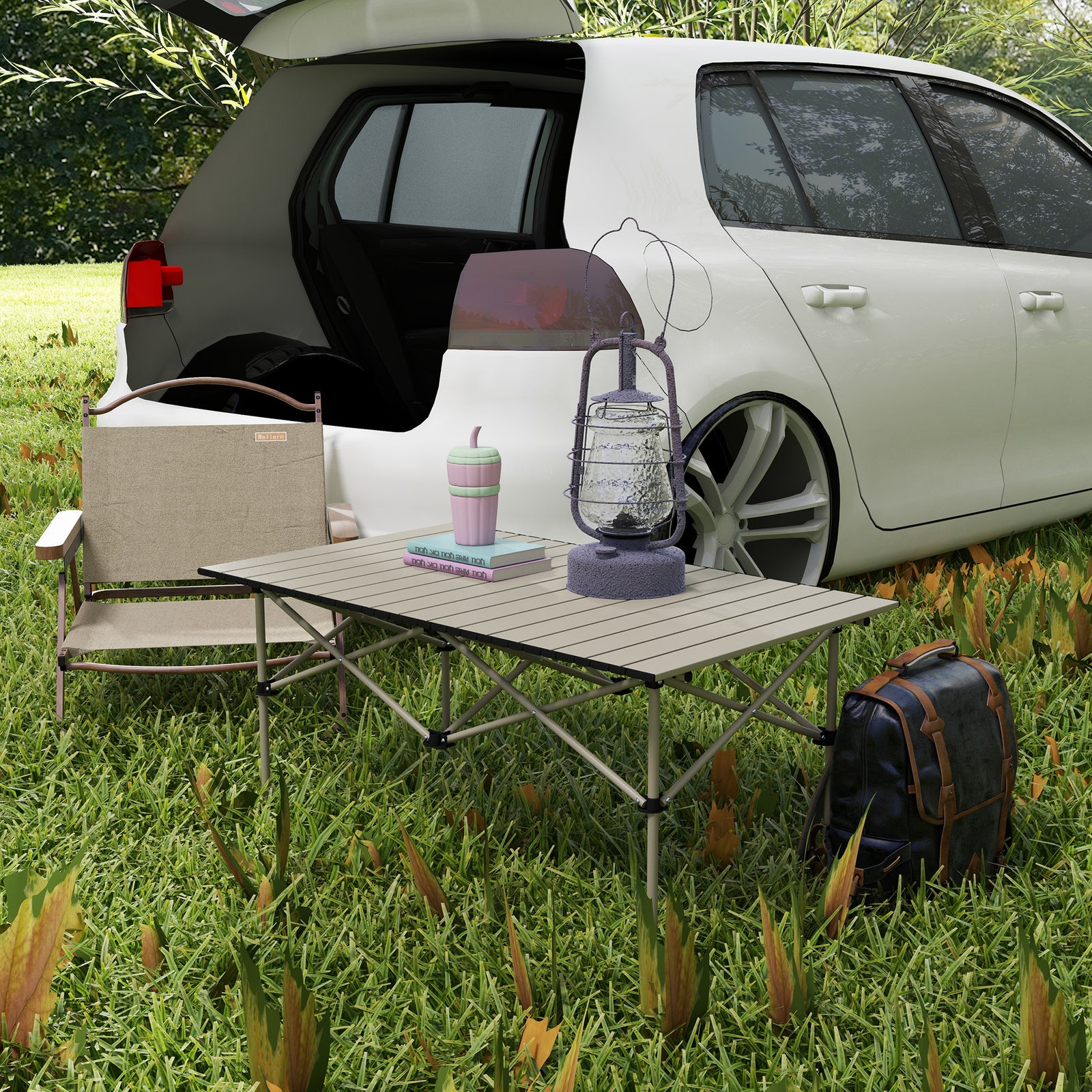 Portable Folding Camping Table W/ Roll Up Aluminium Top | Khaki