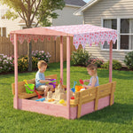 AIYAPLAY Wooden Sandbox With Lid, Canopy, Seat, Bottom Liner, Pink
