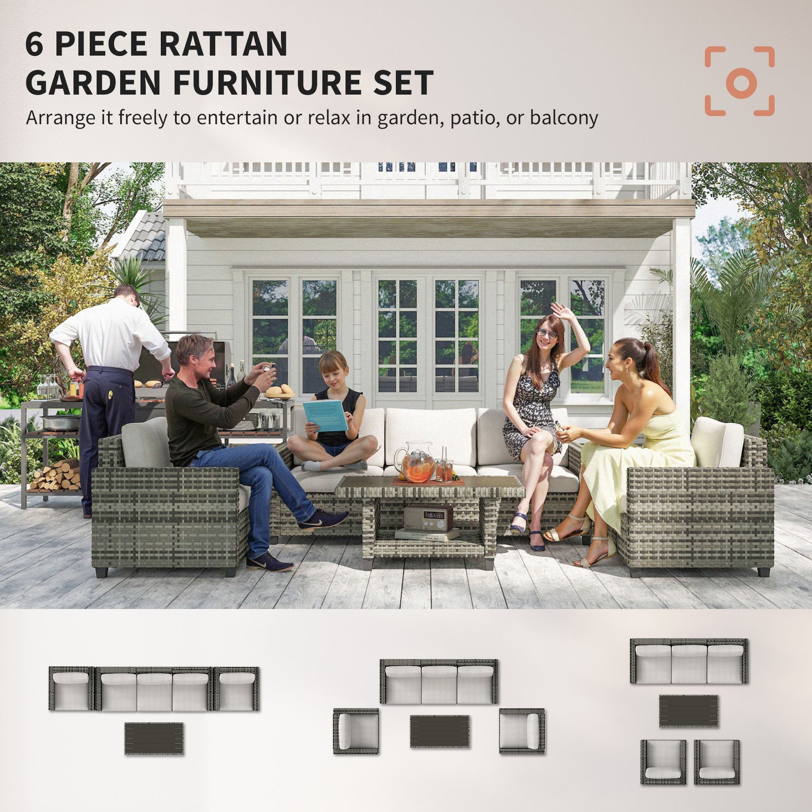 6 Pieces Rattan Set, 5 Seater With Coffee Table, Light Grey
