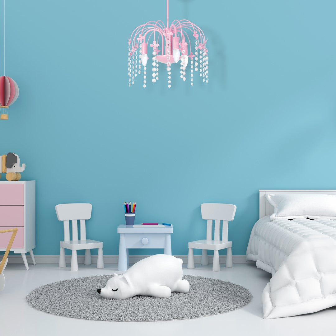Laura Pink  Pendant Lamp  Beautifully Hand Made Chandelier In Baby Pink With Crystal Droplets