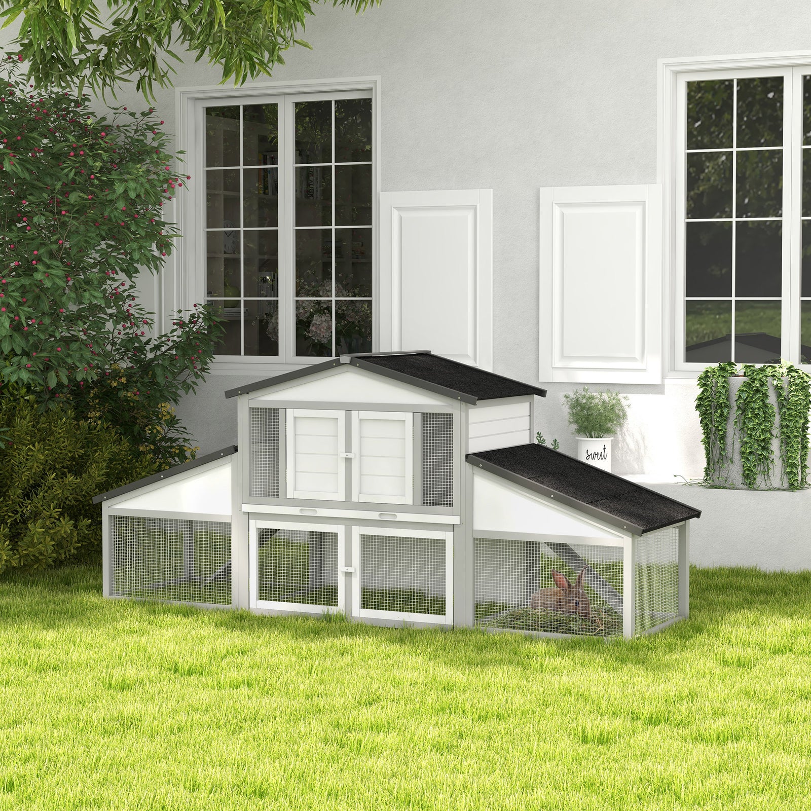 Large Rabbit Hutch With Run, Tray, Ramp, Wooden Guinea Pig House, Grey