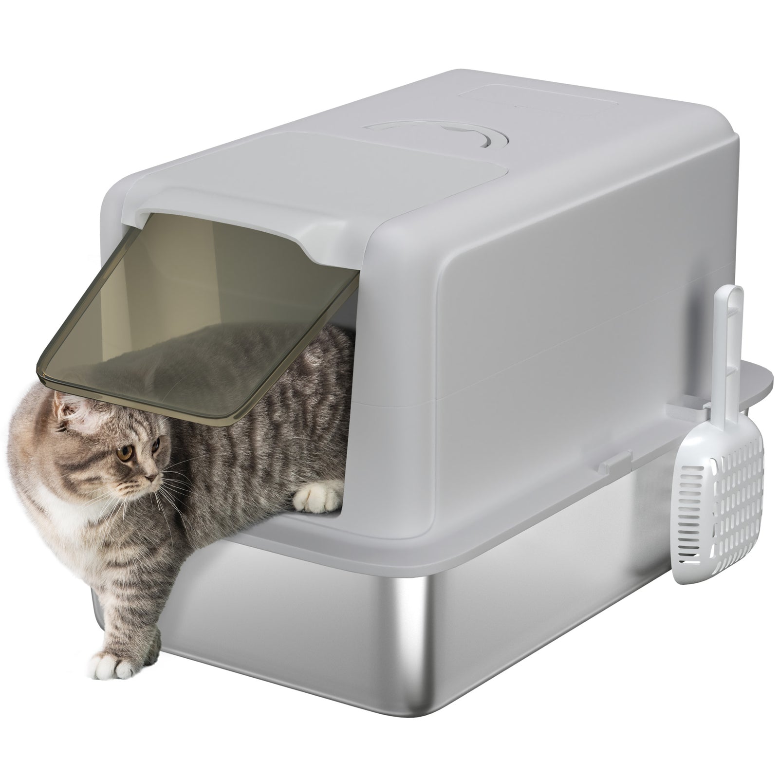 Stainless Steel Cat Litter Box With Removable Lid, Scoop, Grey | Grey