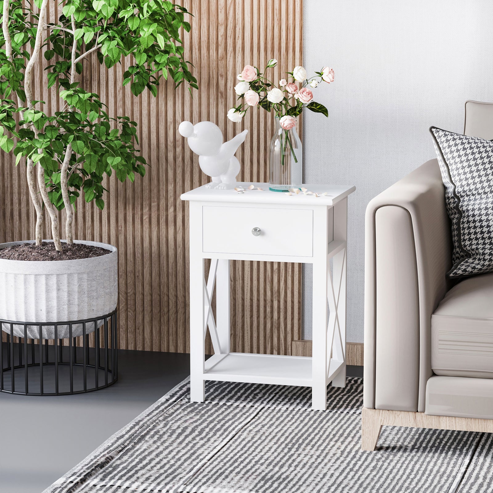 Side Table Nightstand For Bedroom With Drawer & Bottom Shelf | White