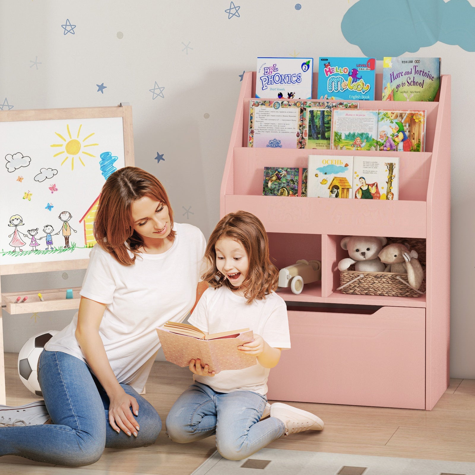 Kids Bookshelf, Toy Box W/ Storage Drawer, Wheels, For Bedroom | Pink
