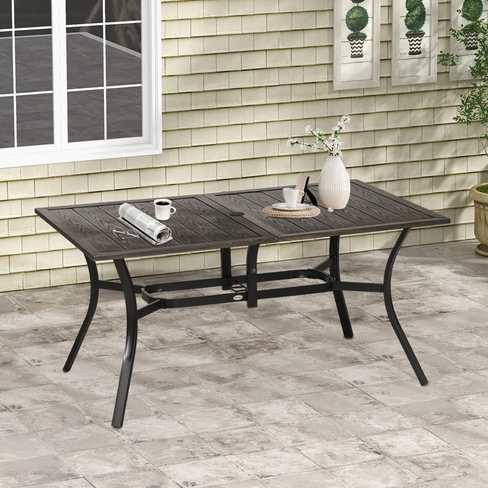 Garden Dining Table, Wood Grain Tabletop, Steel Frame, Brown