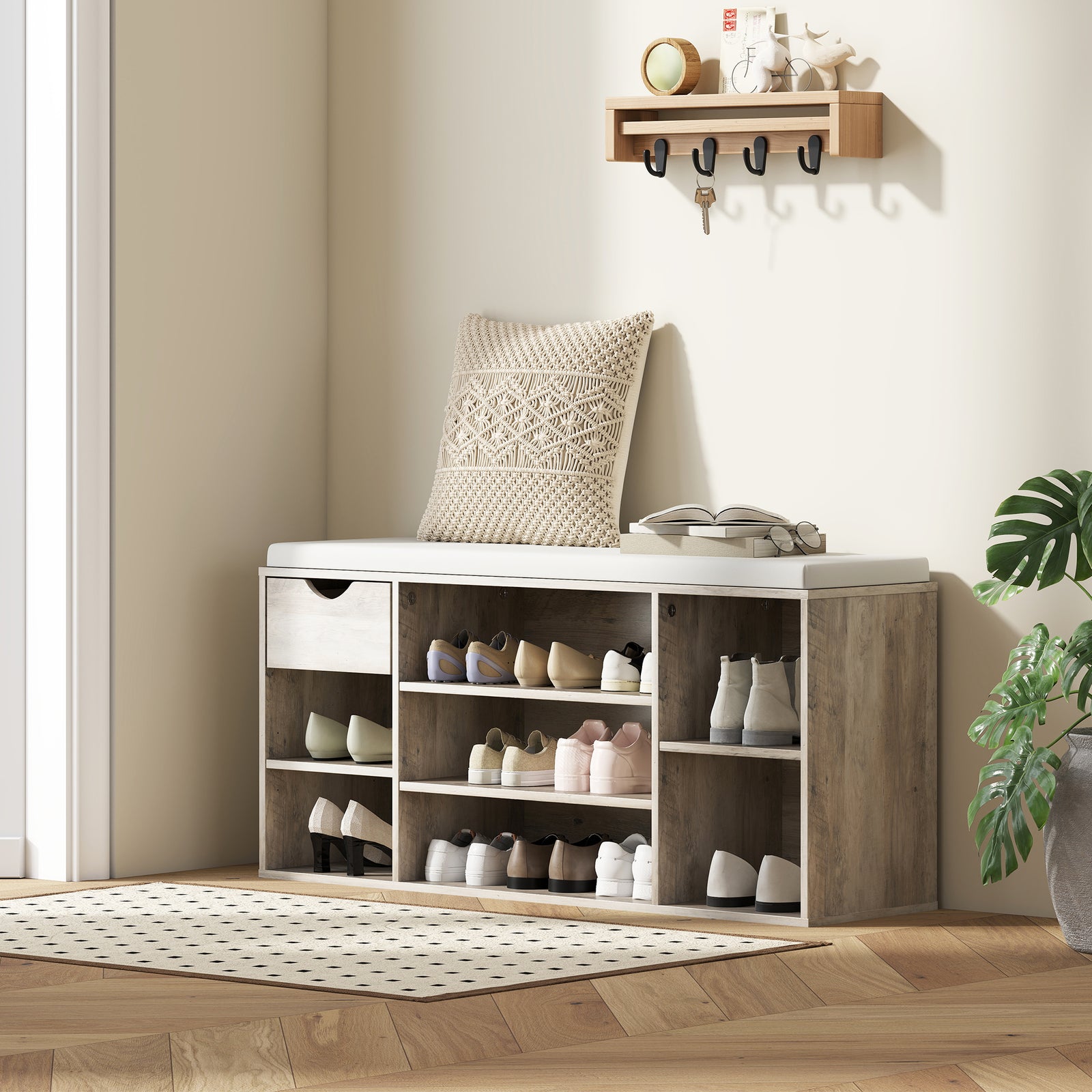 Shoe Storage Cabinet Bench W/ Cushion Adjustable Shelves Grey