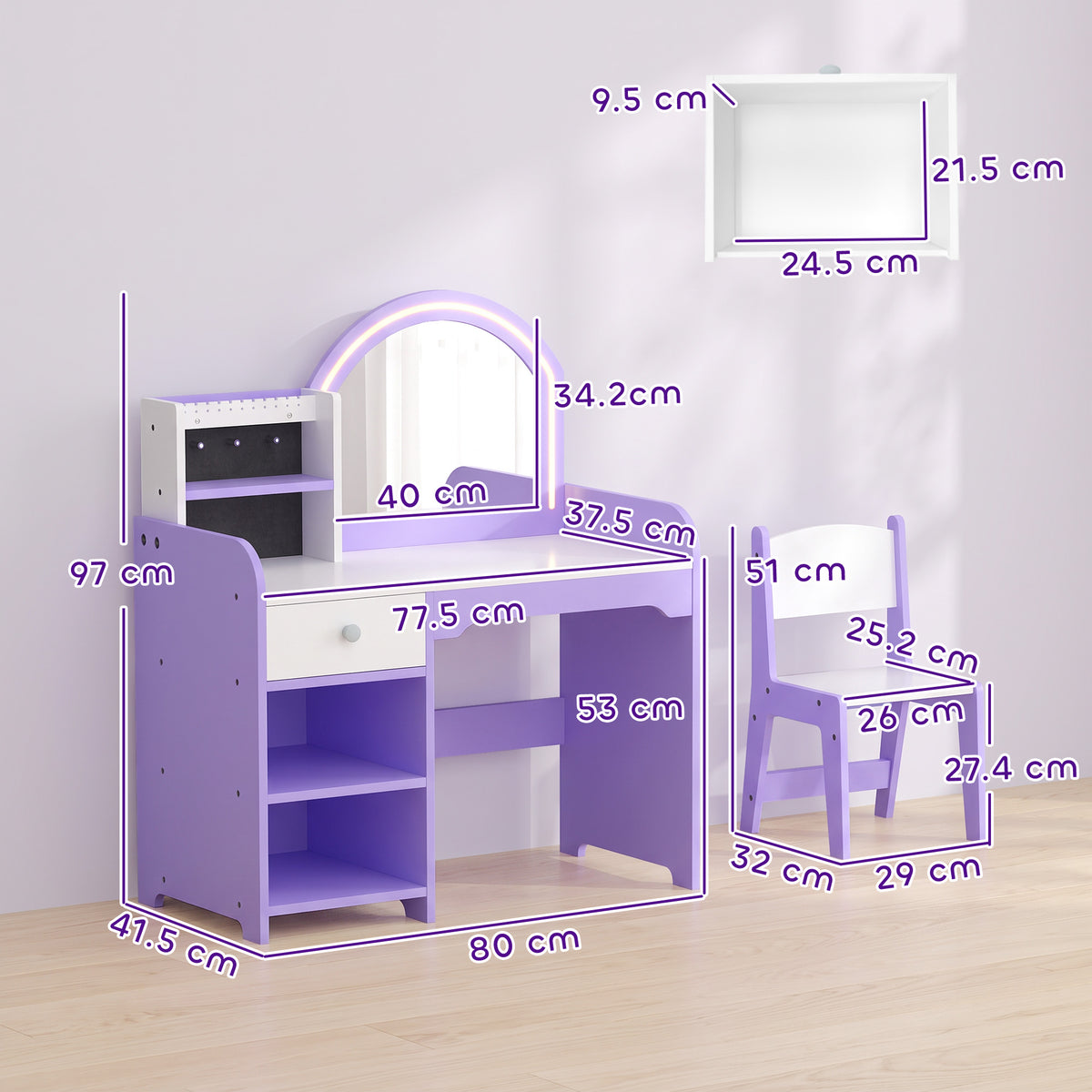 AIYAPLAY Kids Vanity Set, Dressing Table With Stool, Purple
