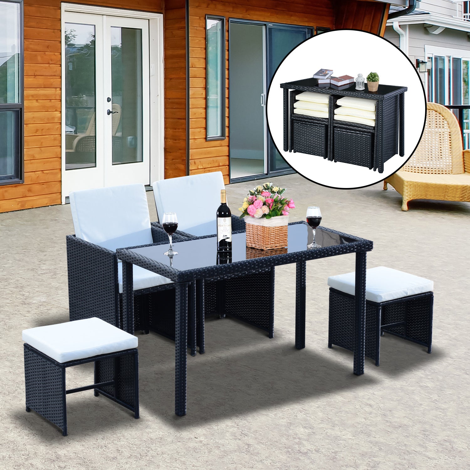 Rattan Garden Furniture Sofa Set W/ Table Chair Footrest | Black