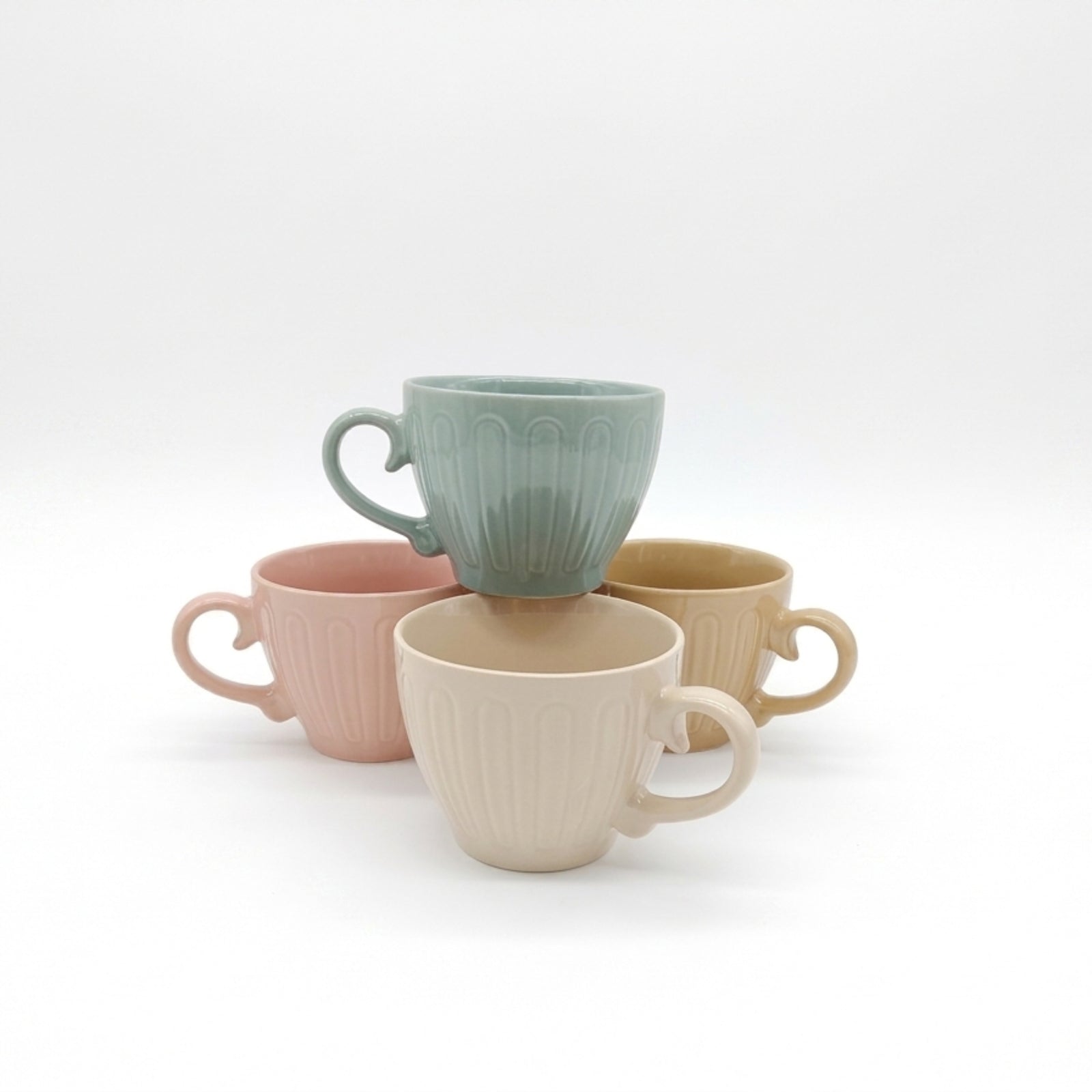 Ceramic Coffee Mugs 4pc Set 15oz Large Tea Cups Assorted Colours Scrolled Handle