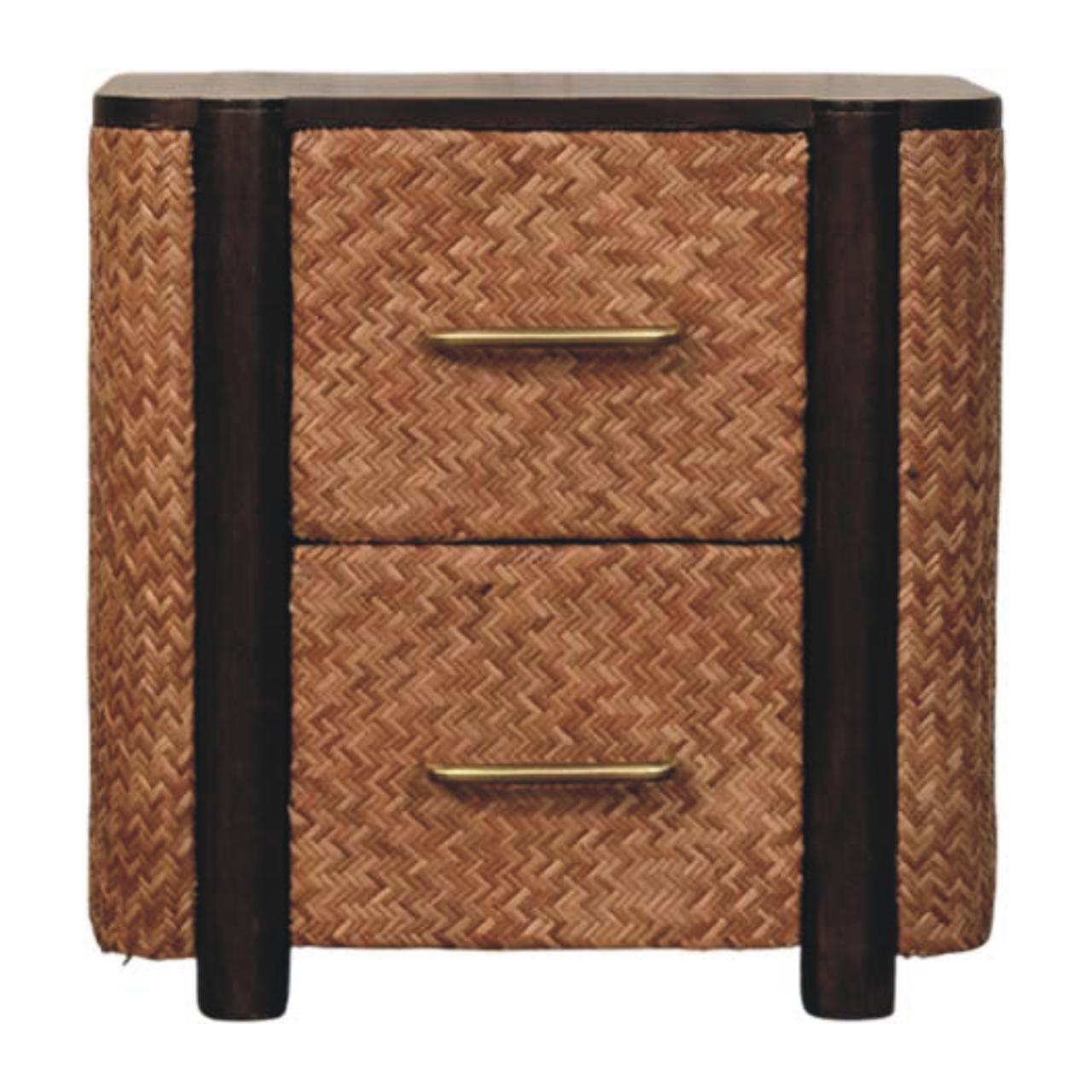 Solid Wood Havana Canefront Drawers, 2 Drawers And Woven Rattan Panels, Dark Brown